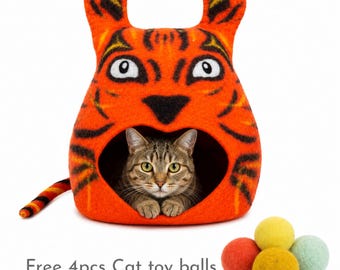 40cm Wool Felt Tiger Design Cat Cave Bed | Handmade Modern Cat Furniture | Cat Lover Gift Ideas | Cute Indoor Cat House