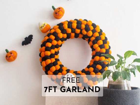 Wool Felt Ball Halloween Wreath Door Decorations | Fall door wreath: Certified Fair Trade & HandMade