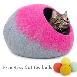 50cm Felt Cat House Cave | Wool Cat Bed | Pink and Grey Design Cat Cave with Natural Wool made in Nepal
