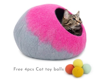 50cm Felt Cat House Cave | Wool Cat Bed | Pink and Grey Design Cat Cave with Natural Wool made in Nepal