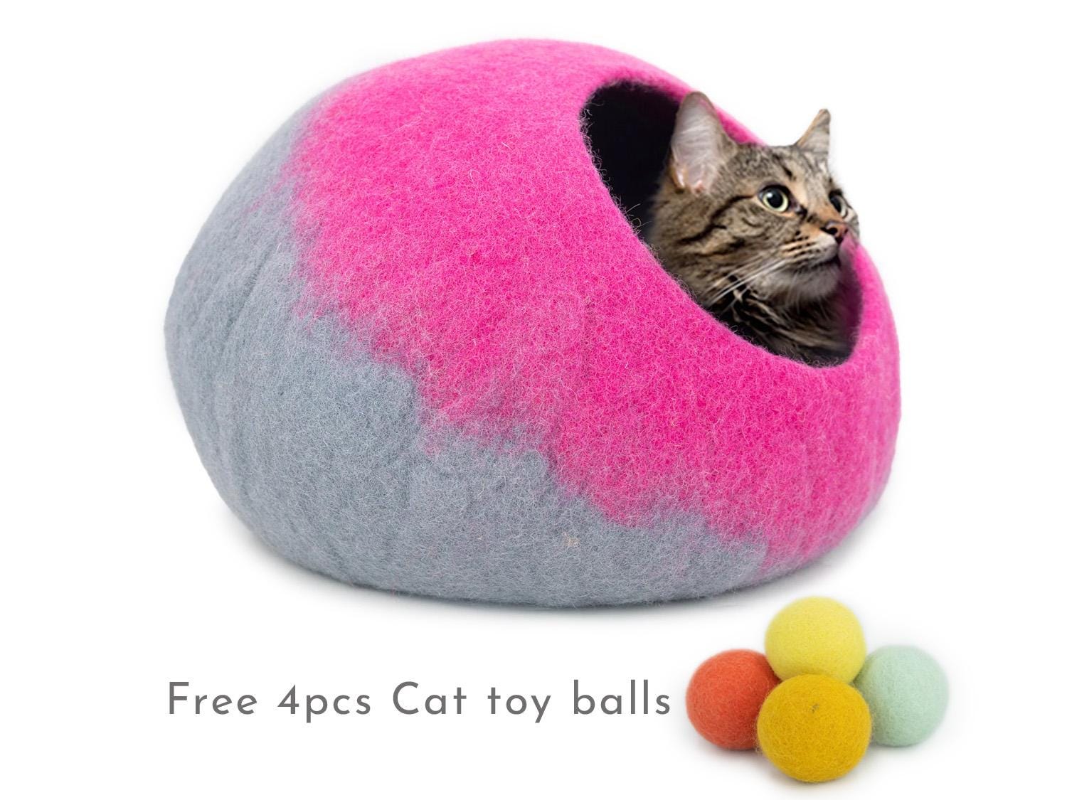 50cm Felt Cat House Cave | Wool Bed Pink & Grey Design With Natural Made in Nepal