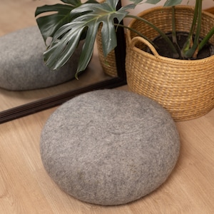 Natural Grey Handmade Wool Felt Pouf Ottoman for Interior Decor