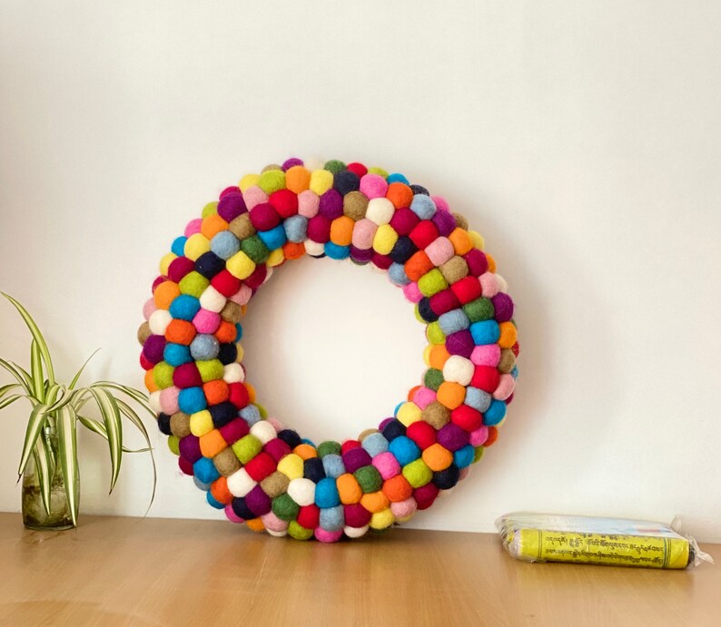 Wool Felt Ball Wreath With Hand Felted Multicolor Pom Pom Etsy