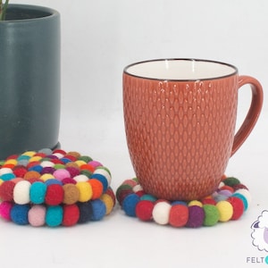 Multi Color Felt Ball Coasters Set | Round Felt Placemats | Absorbent Coasters for Table | Felt Tea Accessories