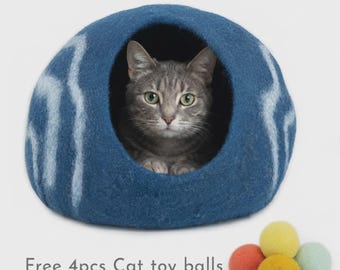 Wool Felt Stripe Cat Cave, Handmade Cat Bed, Fair Trade (50cm)