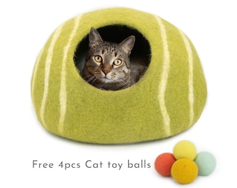 50cm Wool Felt Stripe Design Cat Bed, Handmade Wool Pet Bed, Round Felted Cat Cave: Fair Trade