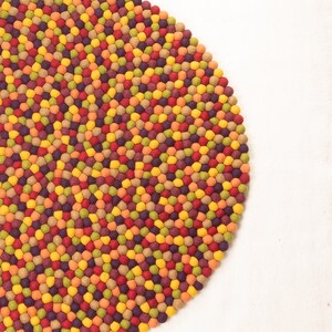 May include: A round, colorful rug made of felt balls. The rug is made up of small, densely packed balls in shades of red, orange, yellow, green, and purple.