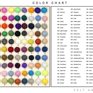 May include: Color chart with 100 felt balls in various colors, numbered 1 to 100. Each ball is displayed in a grid pattern. The chart also includes a list of color names and numbers, corresponding to the felt balls.
