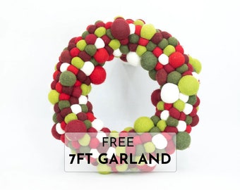Handcrafted Felt Christmas Wreath | Festive Front Door Decor | Holiday PomPom Wreath | Free Shipping
