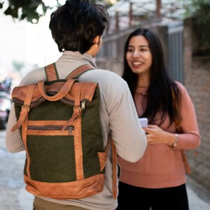 38x43cm Felt Bag In Green and Yellow Color with Leather and Zipper Spacious Bag Pack Pattern Bag : Ethically Handmade image 3