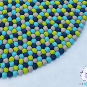 Earthy Tone Wool Felt Ball Rug, Nursery Blue Play Mat, Green and Dark Color Ball Carpet,  Round Area Rugs for Living Room and Bedroom