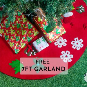 Wool Felt Red Tree Skirt with Christmas Designs | Hand Felted Tree Skirt | Christmas Decorations | Round Xmas Tree Skirt