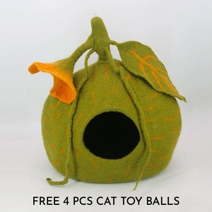 50cm Wool Felt Pumpkin Cat Cave | Felted Green Cat Bed | Kitty Bed | Felt Cat House | Fair Trade | 100% Wool and Handmade  |