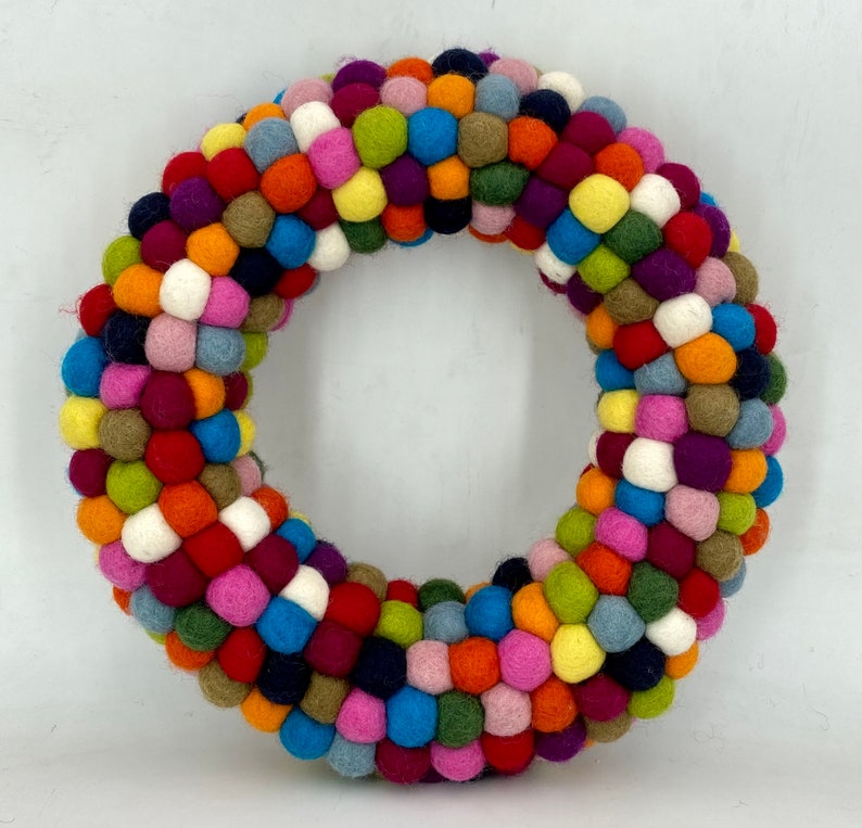 Wool Felt Ball Wreath With Hand Felted Multicolor Pom Pom Etsy