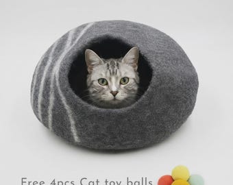 50cm Natural Grey Cat Bed House, Wool Cat Cave Cocoon, Handmade Pet Bed