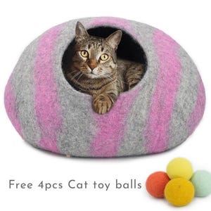 Handmade Grey and Pink Striped Felt Cat House Cocoon for Sustainable Living