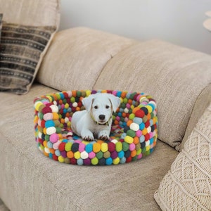 Multicolor Wool Felt Ball Dog Bed for Small/Medium-Sized Dogs | Wool Pom Pom Dog House | Unique Gift for Dog Lovers | Custom Dog Bed