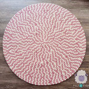 Pink and White Wool Felt Ball Rug | Hand-Felted Round Pom Pom Carpet | Kids Playroom Nursery Rug | Foot Rugs for Bedroom, Livingroom