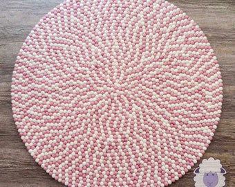 Pink and White Wool Felt Ball Rug | Hand-Felted Round Pom Pom Carpet | Kids Playroom Nursery Rug | Foot Rugs for Bedroom, Livingroom