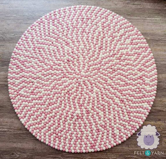 Pink and White Wool Felt Ball Rug | Hand-Felted Round Pom Pom Carpet | Kids Playroom Nursery Rug | Foot Rugs for Bedroom, Livingroom