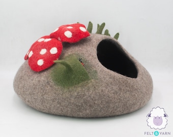 50cm Wool Felt Cat Cave With Mini Mushroom | Felted Cat Bed | Felt Pet House | Fair Trade | 100% Wool and Handmade  |