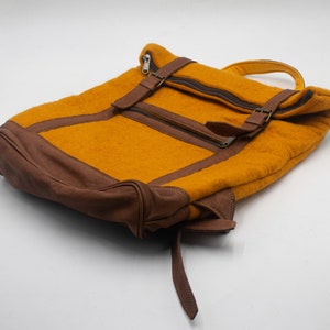 38x43cm Felt Bag In Green and Yellow Color with Leather and Zipper Spacious Bag Pack Pattern Bag : Ethically Handmade image 6