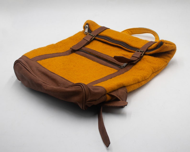 38x43cm Felt Bag In Green and Yellow Color with Leather and Zipper Spacious Bag Pack Pattern Bag : Ethically Handmade image 6