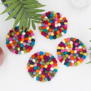 10cm Multi Color Felt Ball Coasters, Wool Pom Pom Dining Table Decor, Felt Tea Coasters Set for Table, Felt Tea Accessories