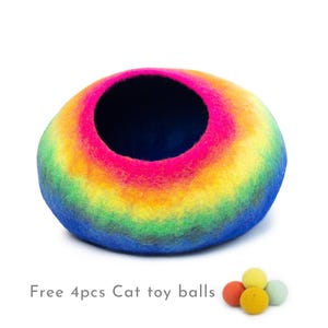 50cm Large Wool Felt Rainbow Design Cat House, Handmade Felt Cat Cave, Insulated Wool Cat Bed | Eco Cat Bed Cave