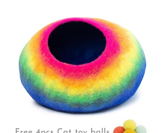 50cm Large Wool Felt Rainbow Design Cat House, Handmade Felt Cat Cave, Insulated Wool Cat Bed | Eco Cat Bed Cave
