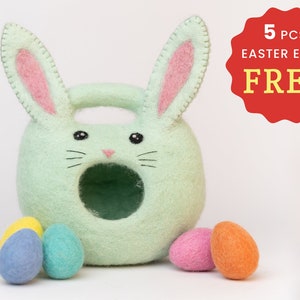 Wollfilz Osterhasen Eierkorb mit 5 Stück gratis Eiern für die Ostereiersuche, Osterdekoration, Nachdenkliche Handgemachte Ostergeschenke