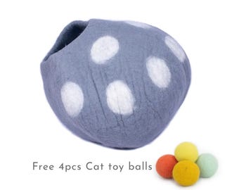 50cm | Felt Dot Design Cat Bed | Felt Cat Cave | Cat Bed | Free Cat Toys Mouse | 100% Wool and Handmade