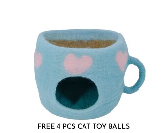 50cm Wool Felt Coffee Mug Cat Cave | Felted Cat Bed | Kitty Bed | Felt Cat House | Fair Trade | 100% Wool and Handmade