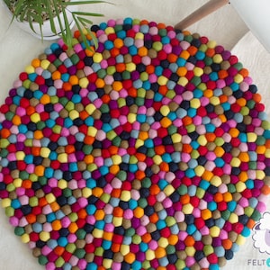 Natural Felt Multicolor Round Pom Pom Carpet, 100% Wool, Rug Perfect for Nursery Room, Bedroom, and Living Room, Handmade with Fair Trade image 3