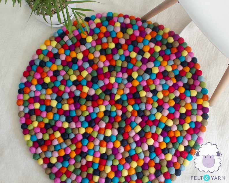 Natural Felt Multicolor Round Pom Pom Carpet, 100% Wool, Rug Perfect for Nursery Room, Bedroom, and Living Room, Handmade with Fair Trade image 3