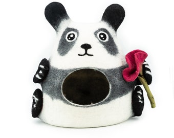 40cm Felted Panda Cat Cave House, Natural Handmade Wool Felt Pet Bed: Fair Trade and Ethically Made