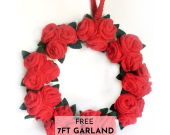 35cm Wool Felt Floral Wreath | Red Felt Wreath | Wreath for Door | Valentine Wreath | Fair Trade | 100% Wool and Handmade | FREE SHIPPING