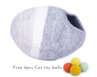 50cm Wool Felt Natural Shade Design Cat Bed, Handmade Cat Cave with Free Cat Toys Mouse