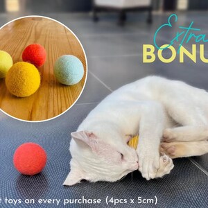 May include: A white cat plays with a yellow felt ball. The image also shows four felt balls in different colors: yellow, red, and light blue. The text "Extra Bonus" is written in yellow letters on a blue background. The text "Get cat toys on every purchase (4pcs x 5cm)" is written in black letters on a white background.