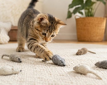 Maus-Spielzeug aus Wollfilz in neutralen Farben | Apportierspielzeug für Katzen | Umweltfreundliches und interaktives Katzenspielzeug
