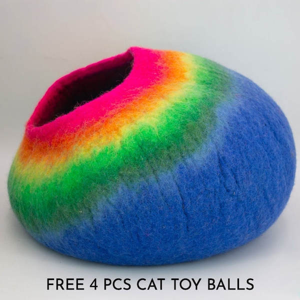 50cm Large Wool Felt Rainbow Design Cat Bed Cat House, Handmade Cat Cave: Fair Trade