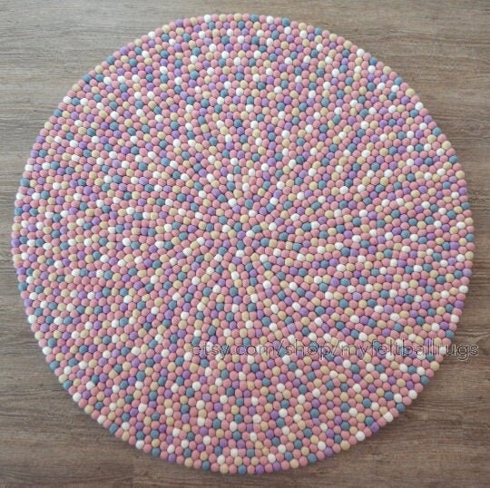 Pinkish Tone Wool Felt Ball Rug | Felted Ball Carpet | Round Area Rug | Wool Pom Pom Rugs for Bedroom, Living Room and Kids Room