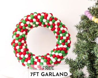 Wool Felt Ball Wreath Made With Christmas Hand Felted Ball Color For Door Decor: Fair Trade and Ethically Made in Nepal