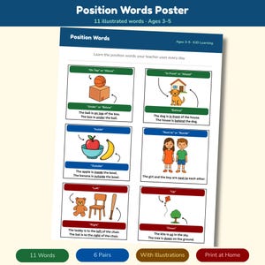 May include: A Position Words educational poster featuring 11 illustrated words for ages 3-5. The document includes six sections with colorful graphics and text examples demonstrating spatial concepts like on top, under, inside, outside, left, right, up, and down.