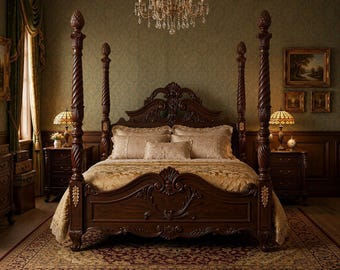 Ornate Rococo Four-Poster Bed | Solid Wood, Hand-Carved Traditional Furniture Queen size bed