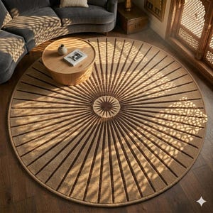 Op de afbeelding: Een ronde vloerkleed met een zonnester ontwerp. Het kleed heeft een centraal cirkelvormig patroon met bruine stralen op een beige achtergrond. Het ligt op een houten vloer, met een houten tafel en bank op de achtergrond. De diameter is ongeveer 200 cm.