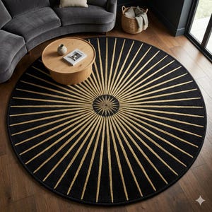 Black Gold Sunburst Round Rug, Luxury Modern Area Rug, Radial Pattern Circle Carpet, Elegant Designer Rug, High End Living Room Decor