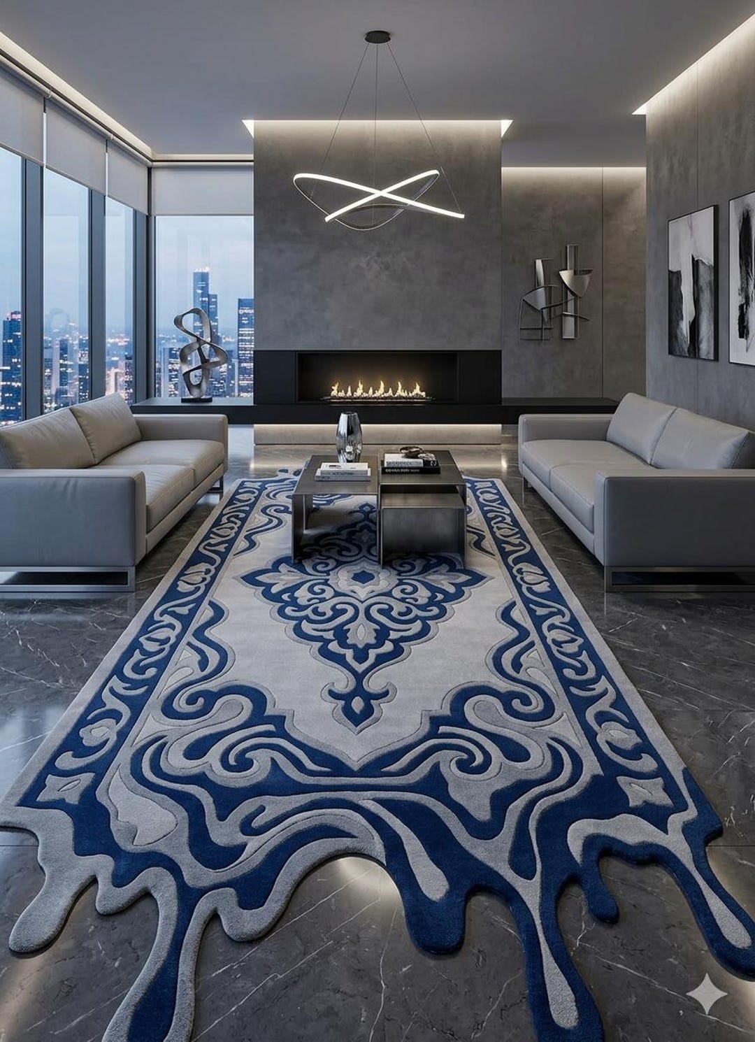 Luxury Royal Blue Rug, Abstract Melt Design Carpet, Unique Irregular ...