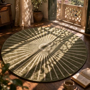 May include: A round, olive green rug with a sunburst design. White lines radiate from the center, creating a textured pattern. The rug is on a dark wood floor, with a cup of coffee and an open book nearby. The rug's diameter is approximately 60 inches.