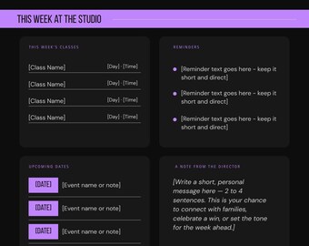 Dance Studio Parent Newsletter Template Canva Editable | Weekly Studio Update | Dance Teacher Resource | Purple